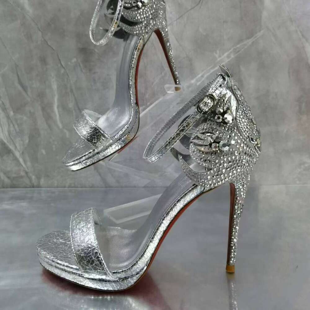 French Style Rhinestone High Heels Women Thin Heel Silver Sexy Open Toe Buckle Crystal Sandals Summer