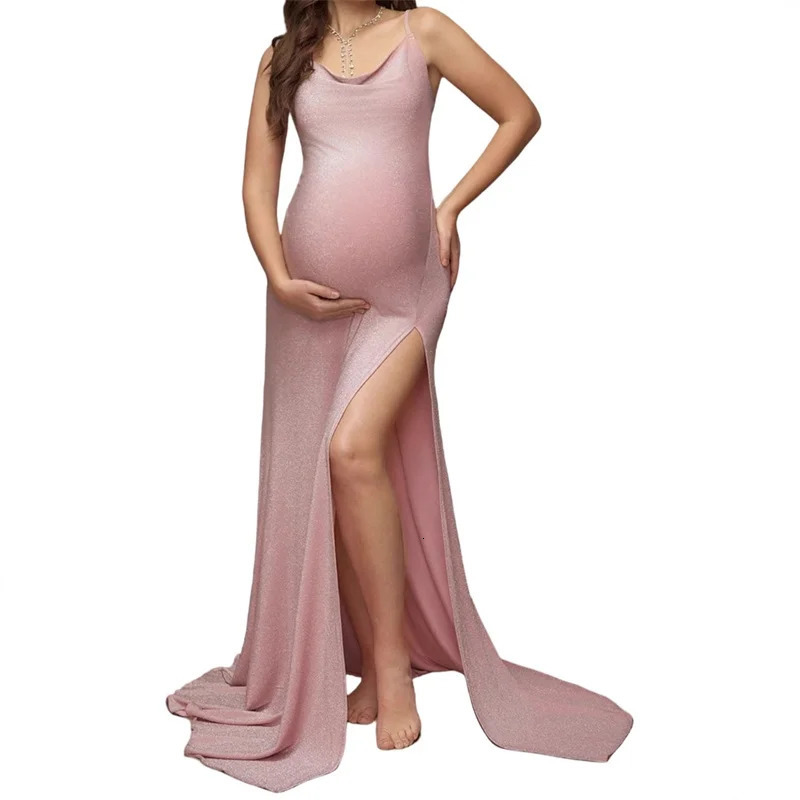 Pink Off-the-shoulder Pregnant Women Evening Dress Sexy Suspender High Slit Hip Wrap Summer Long Dress for Po Shoot 250530