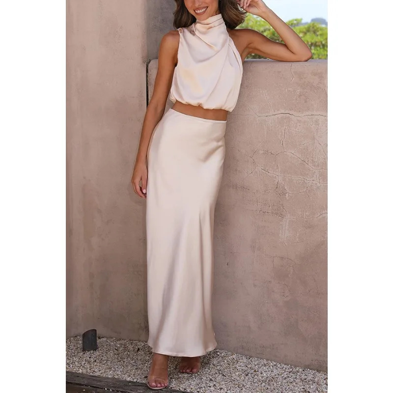 2025 Summer Women Satin Two Piece Set Elegant Sleeveless Turtleneck Shirt Crop Top High Waist Loose Long Skirt Set Sexy Outfits 250530
