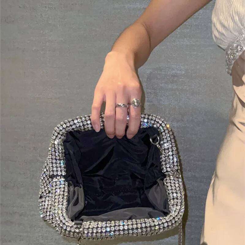 Women Cloud Dia Dumpling Handbag Shiny Bucket Clutch Purse Evening Banquet Crystal Rhinestone Shoulder Bag