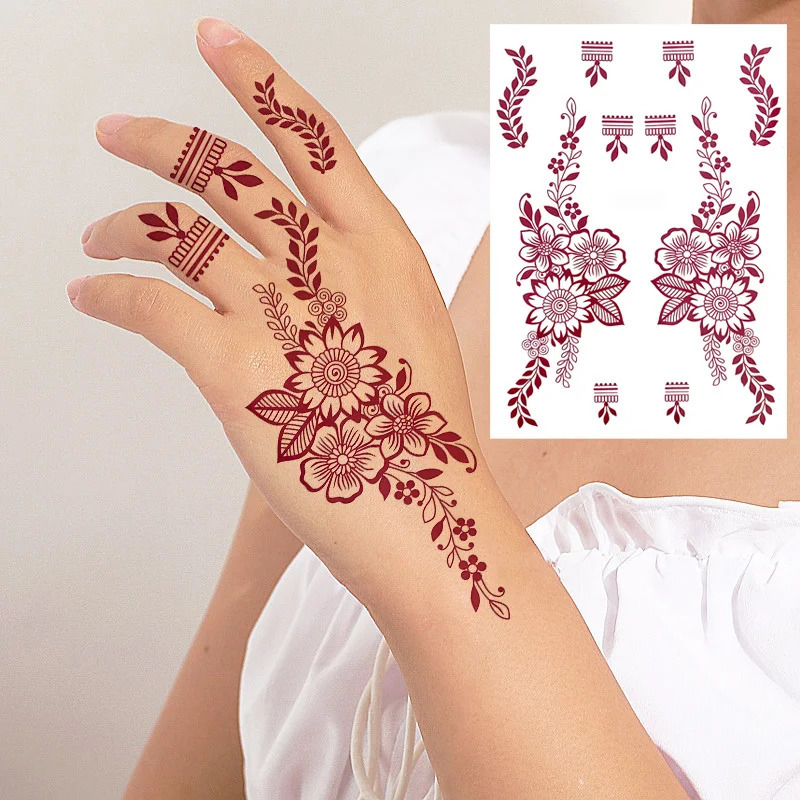Maroon Henna Tattoo Stickers for Hand and Body Flower Temporary Tattoos for Women FakeTattoo for Wedding Festival 250530
