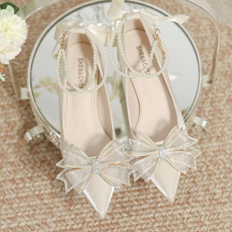 High Heels 2025 Summer New Style High-end Pointed Toe Bowknot Wedding Rhinestone Beaded Shallow Mouth Single Shoes for Women
