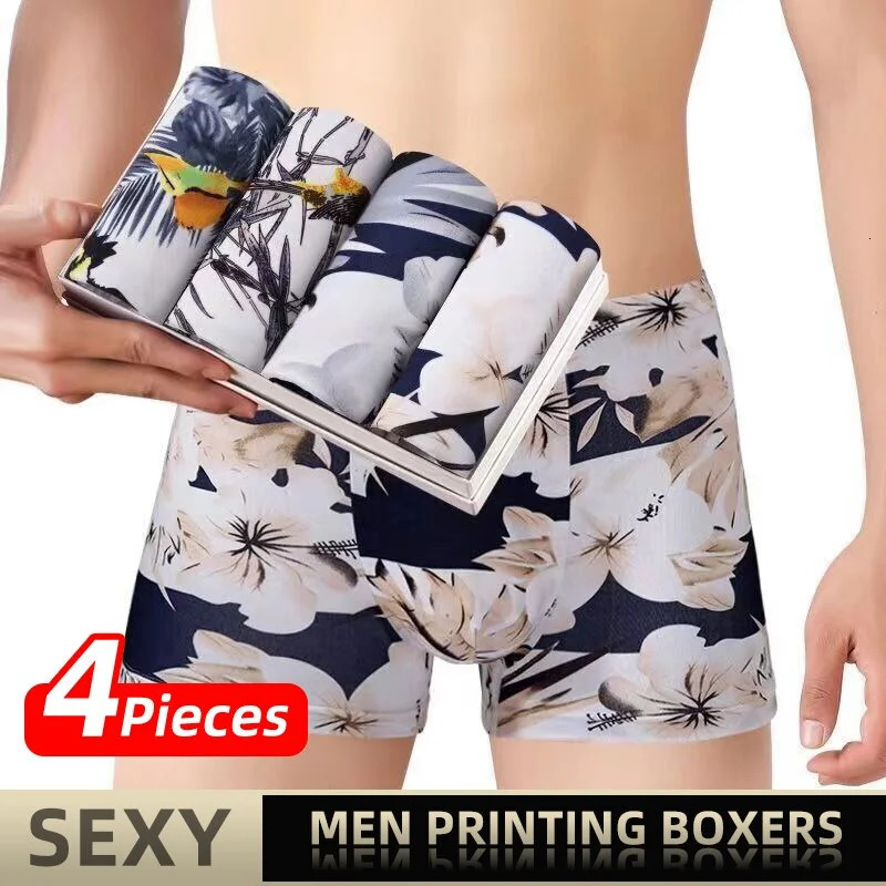 4 Pieces Men Printing Boxers Shorts Underpants Underwear XXL 3XL 4XL 4 Colors Mixing Sexy Soft Breathable Fashion Sports Casual 250530