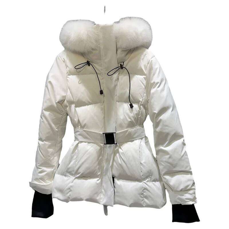 Women's 2024 Winter New Socialite Temperament Fox Fur Collar Top Hooded Belt Warm Jacket Female Long Sleeve Down Coats High quality, fashionable,