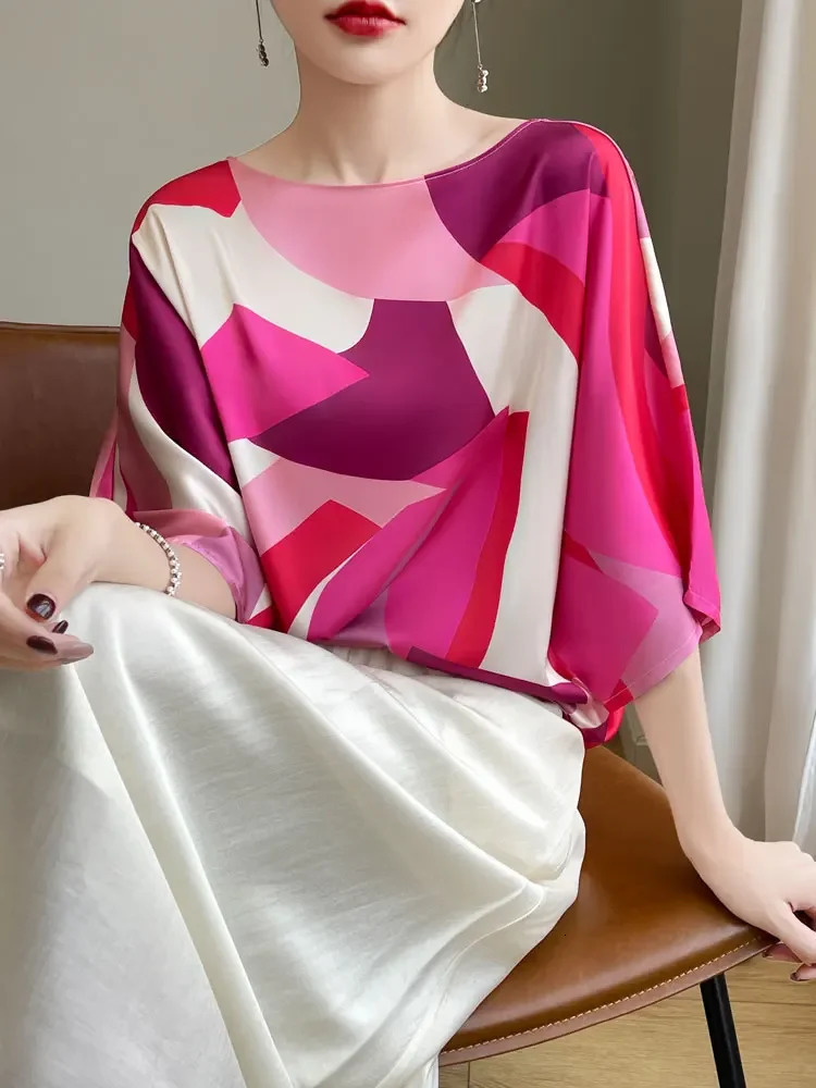 Summer Artificial Silk Satin Blouse Tee Women Slash Neck Thin Smooth T-shirt Silky Drop Shoulder Half Sleeve Loose Shirt Tops 250530