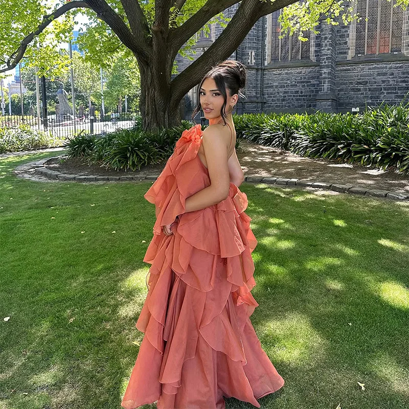 Women Casual Dresses Sexy Ruffles Long Dress Women Flower Backless Sleeveless Solid Party Beach Dresses Female 2025 Summer Lady Multi Layers Robes