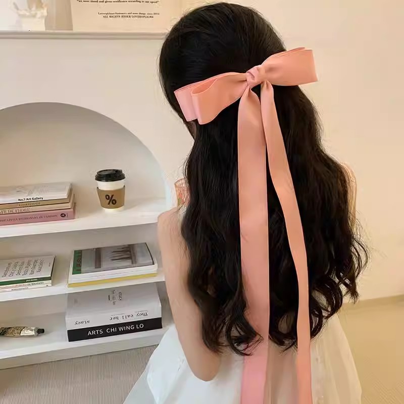 French Girl Style Extra Long Bow knot Ribbon Hair Clip Chic Top Clip for Back of Head Versatile Daily Hair Accessory