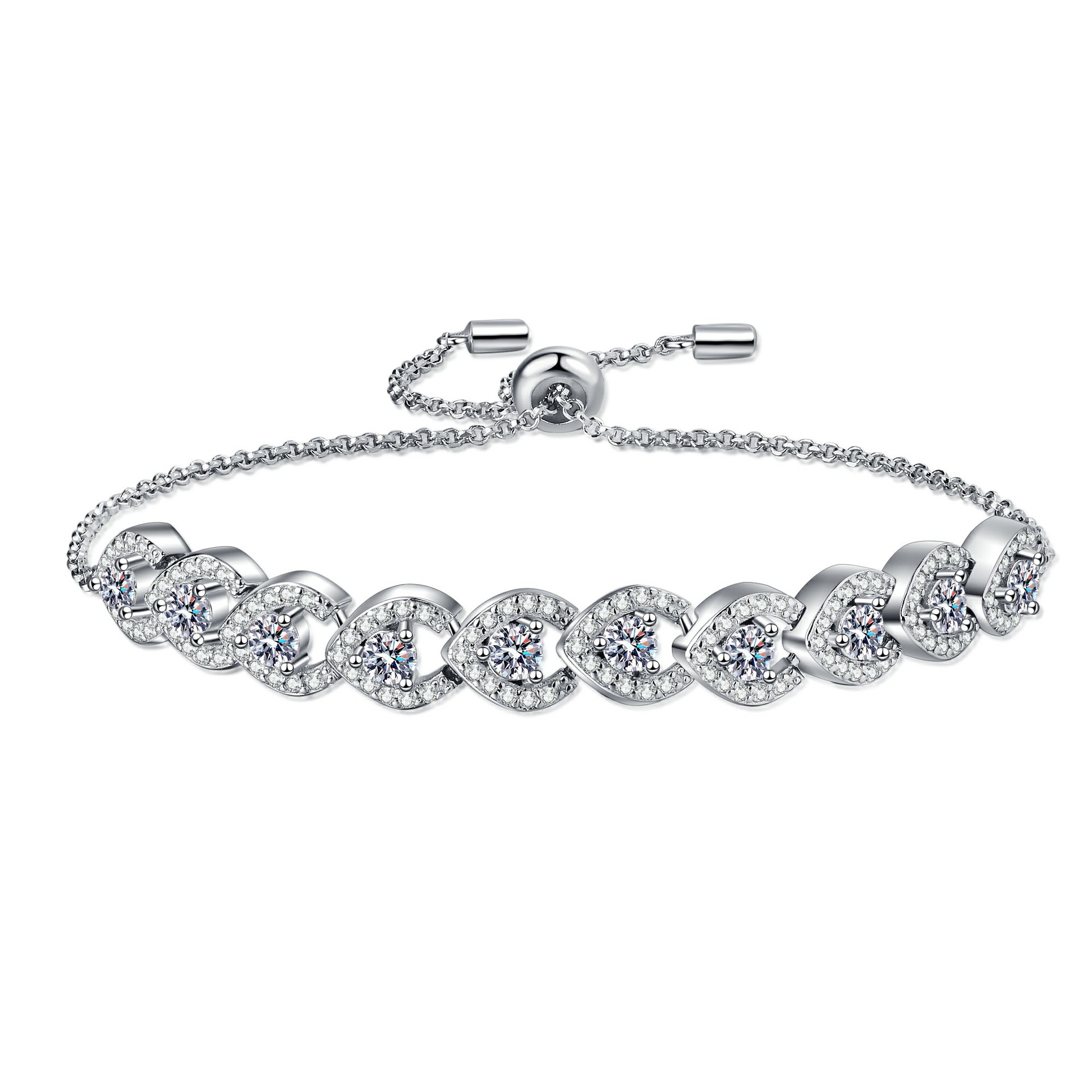 925 Sterling Silver Adjustable Heart Design Bracelet, Platinum Plated, Luxury CZ Crystal, Dainty and Elegant Jewelry for Women