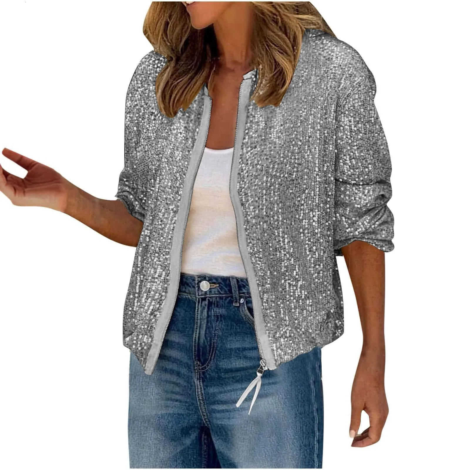 Women Elegant All Zipper Suit Jacket Coat Casual Autumn Spring Glitter Sequins Long Sleeve Stylish Commute Short Cardigan Jacket 250530