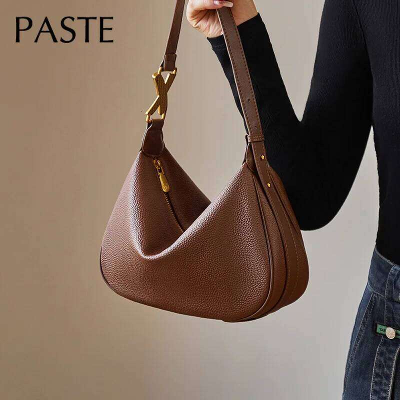 New Trendy Design Coffee Color Lichi Pattern Cowhide Leather Women Hobo Tote Leisure Ligh Weight Female Handbag