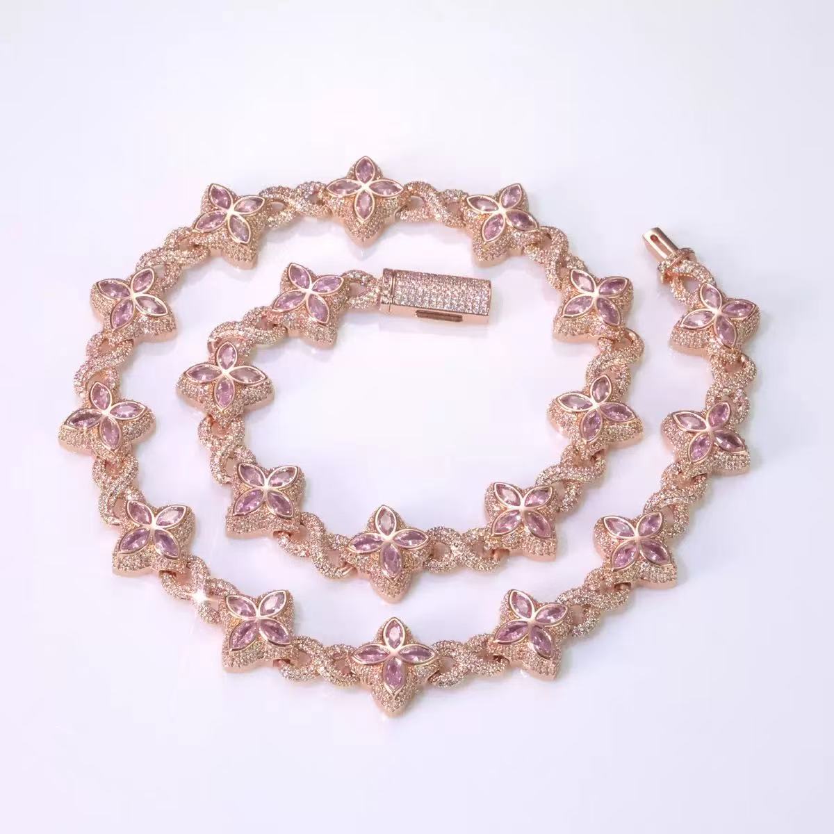 Fashion Hip Hop Jewelry Gold Plated 925 Sterling Silver Colored Moissanite Diamond Four Leaf Clover Necklace Cuban Link Chain