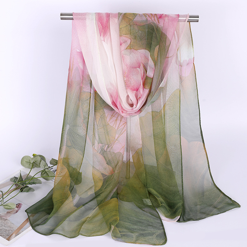 K887New thin georgette ink lotus gauze scarf spring and summer sun protection literary decorative scarf long scarf for women