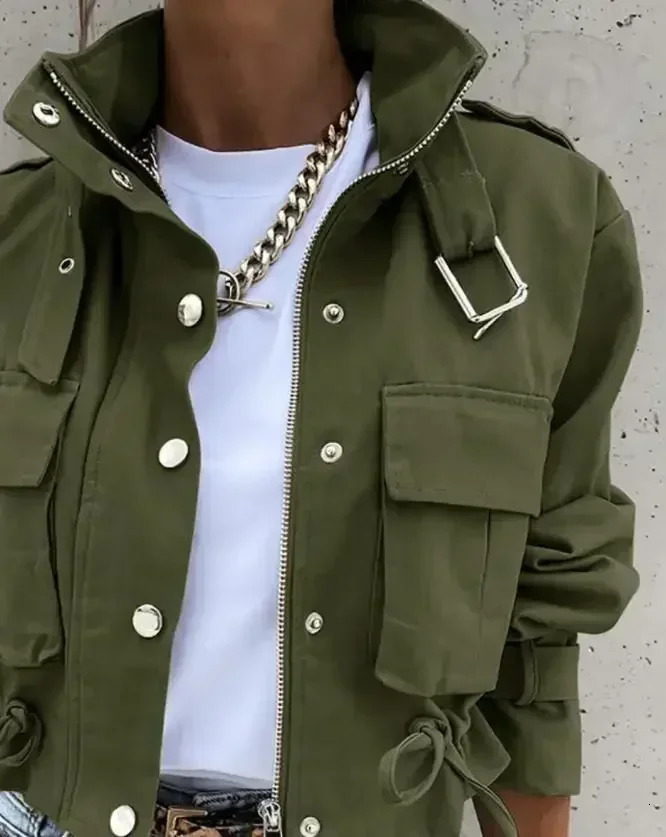 Woman Jacket Clothing Streetwear Elegant Slim Round Neck Solid Pocket Button Long Sleeve Workwear Coats Autumn 250527