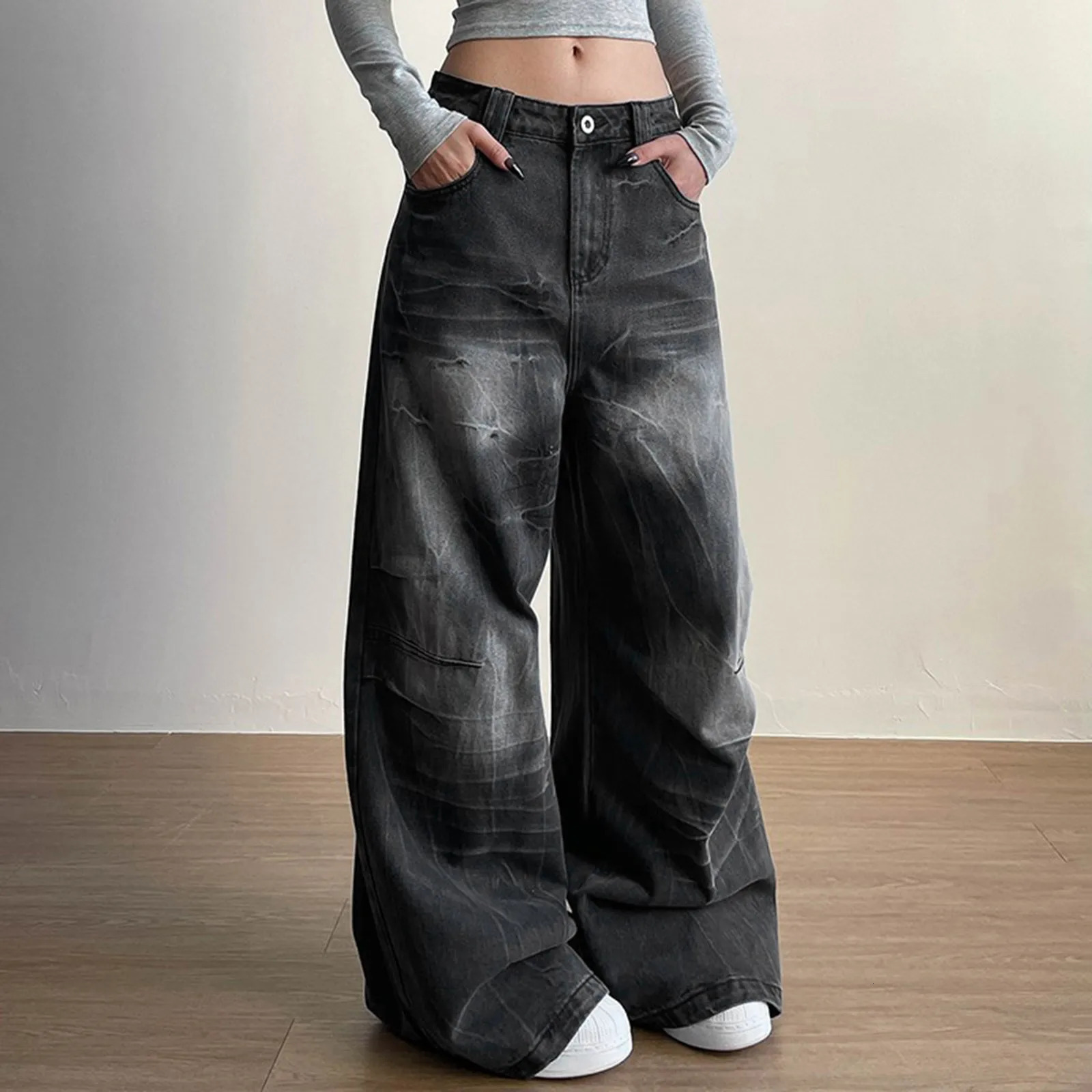 Women Vintage Straight Wide Leg Jeans Retro Wash Black Loose Street Pants With Pockets Jean Pants For Women Harajuku Streetwear 250527