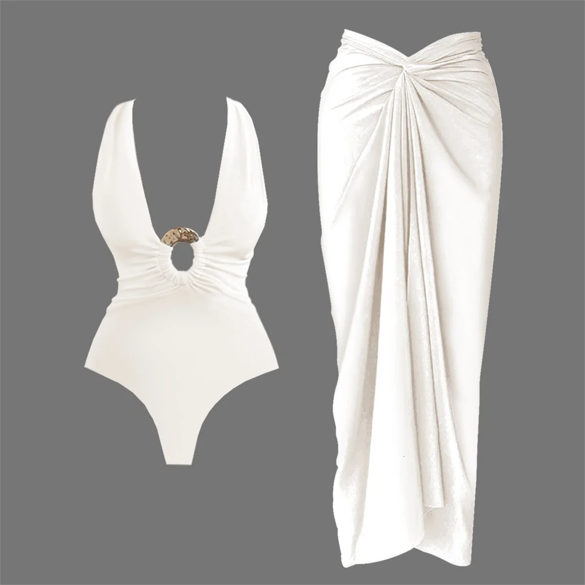 2Pcs Deep V Swimsuit With Long Skirt Women Sexy Swimwear Female Bikini Cut Out Biquini Swim Suit Shiny Button Bodysuit Beachwear 250530