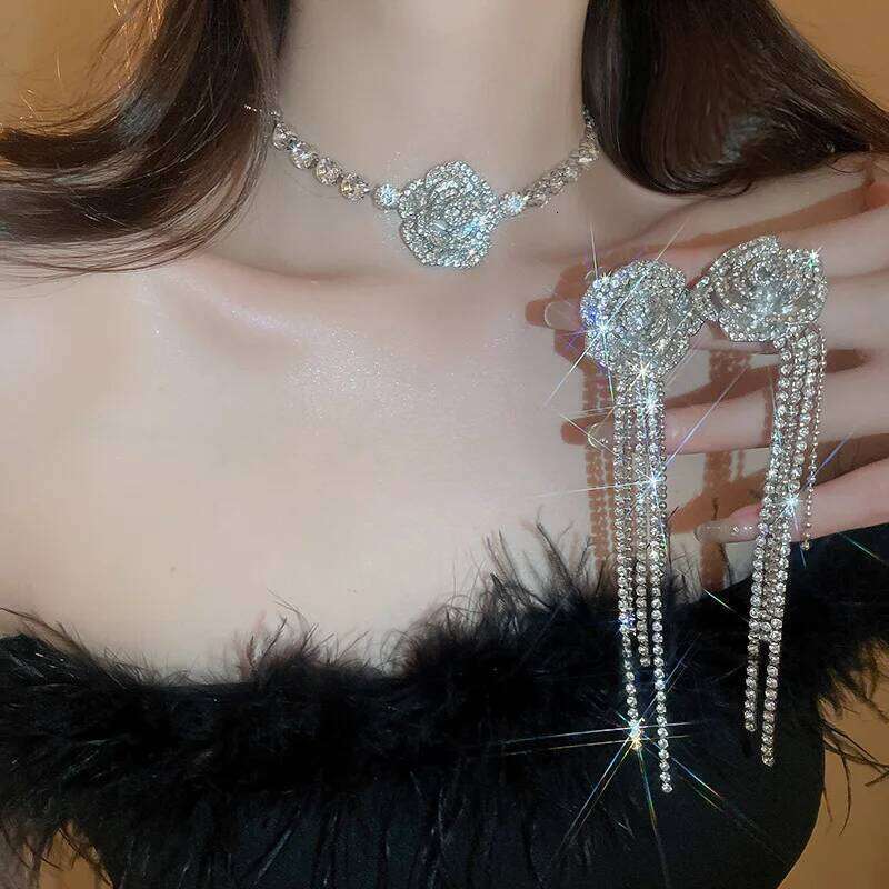 Inlaid Rhinestone Flower Tassel Earrings Necklace For Women Fashion Clavicle Chain New Light Sparkle Jewelry