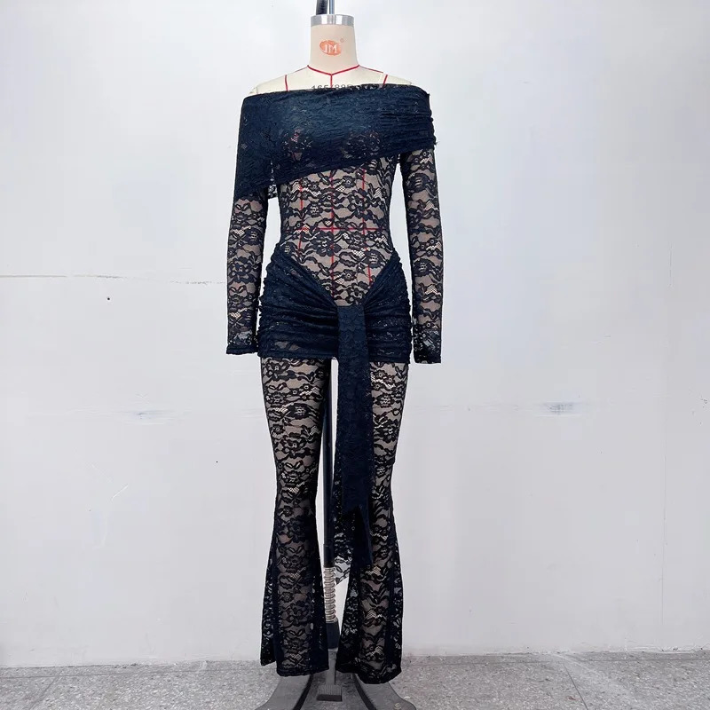 Summer Sexy Off Shoulder See Through Lace Women Jumpsuit Black Long Sleeve Bandage Romper Skinny Elegant Party Clubwear 250527