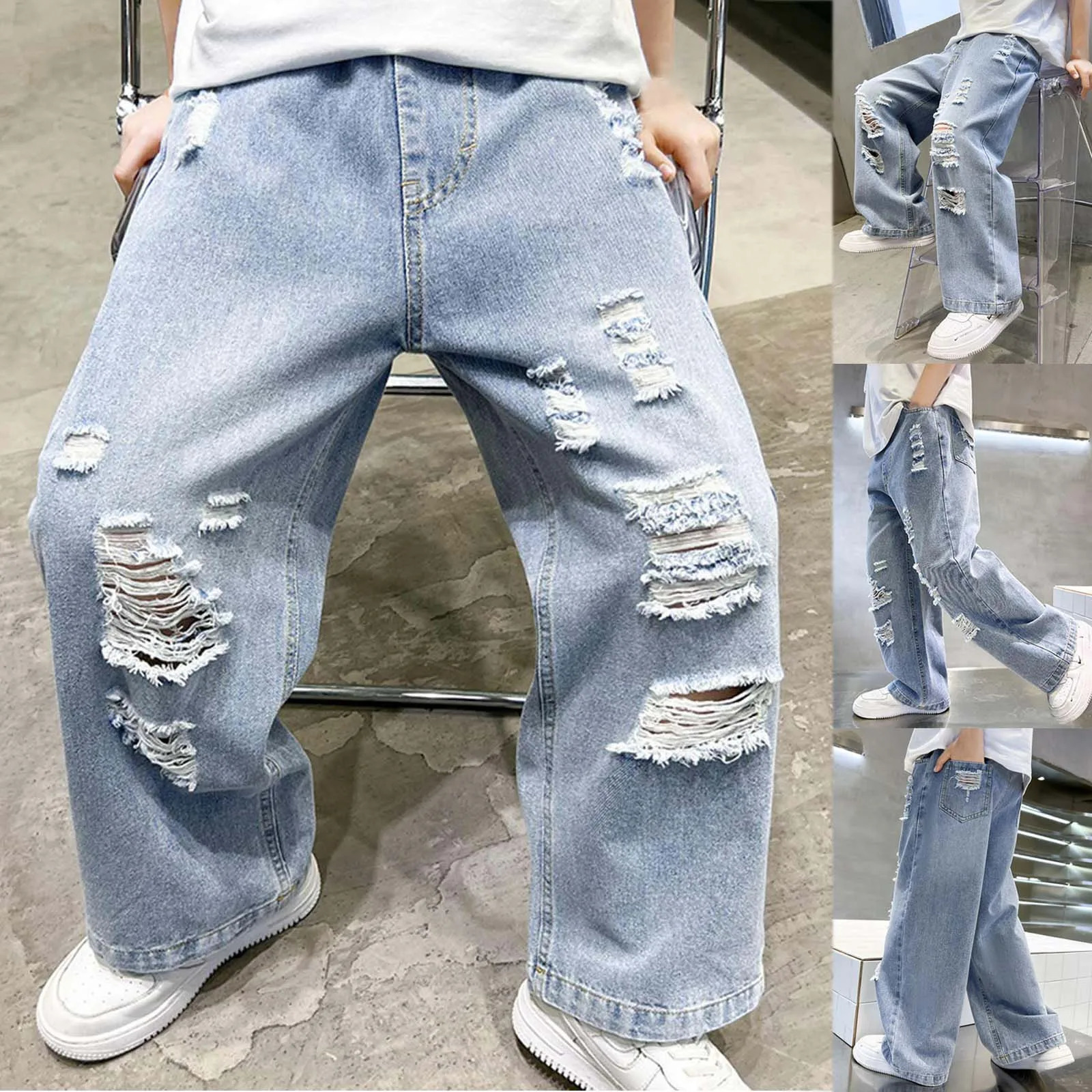 Boys Jeans Spring Summer Teenagers Fashionable Overalls Ripped Denim Trouser Straight Style Loose Casual Girls Outfits 250527