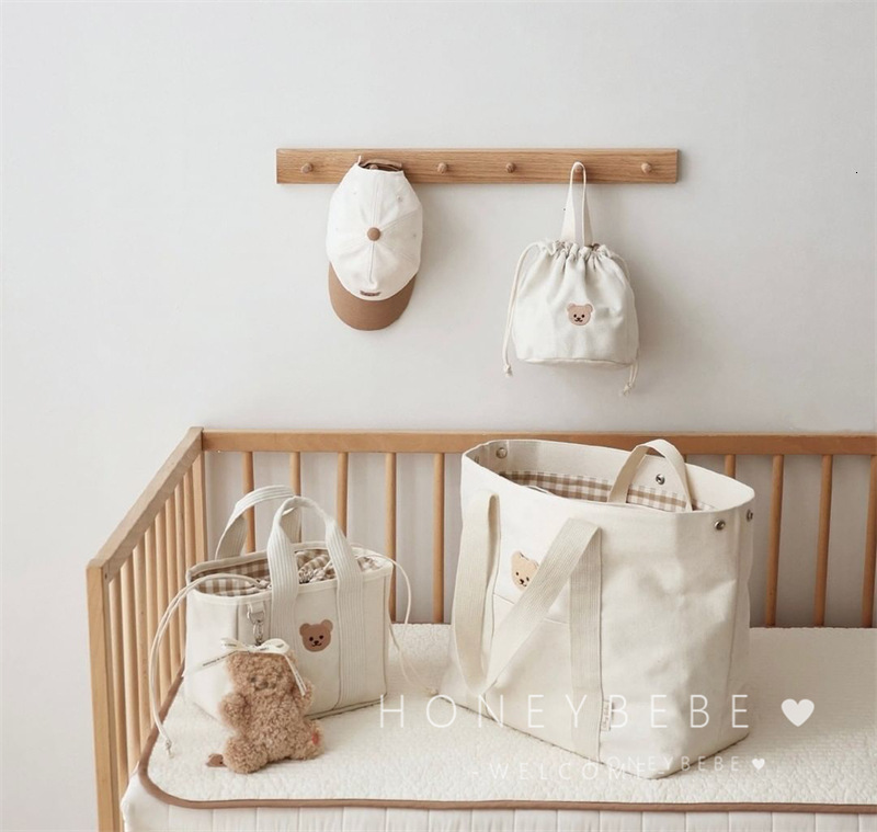 designer Korean INS Mommy Bag Cartoon Bear Mom Bag Canvas Lightweight Multifunctional Handheld Baby Stroller Mom and Baby Bag