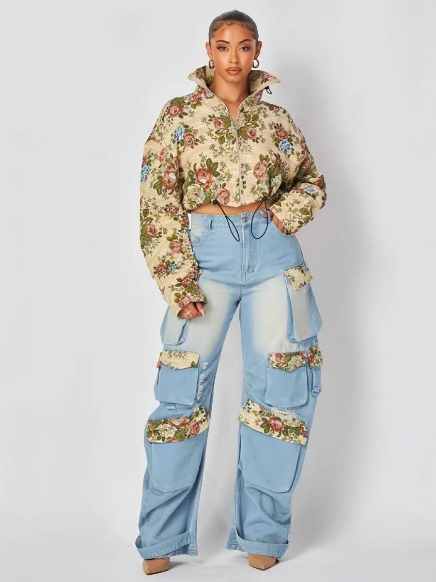 Denim Outfit Women Floral Patchwork Jean Zipper Drawstring Cropped Jacket Pockets Cargo Jeans 2 Piece Set Streetwear Tracksuits