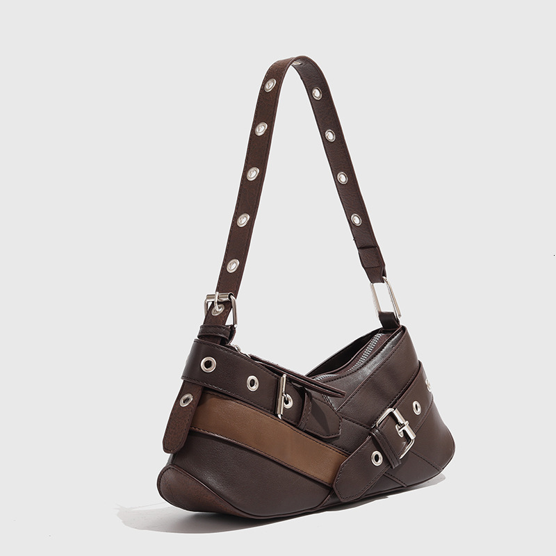 designer 2025 Fashion Niche Retro Brown Black Spicy Underarm Bag Motorcycle Shoulder Bag Versatile Baguette Bag
