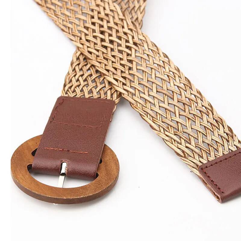 Fashion Women Fake Straw Belt High Quality Wooden Buckle Belts Summer Casual Cloth Waistbelt Lady Waistband