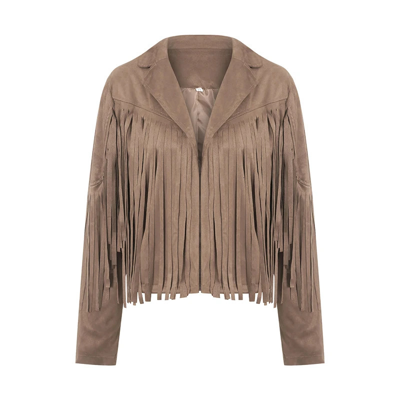 Women Spring Autumn Slim Long Sleeve Open Front Coat Solid Color Collared Jacket with Tassels Black Coffee Pink 250530