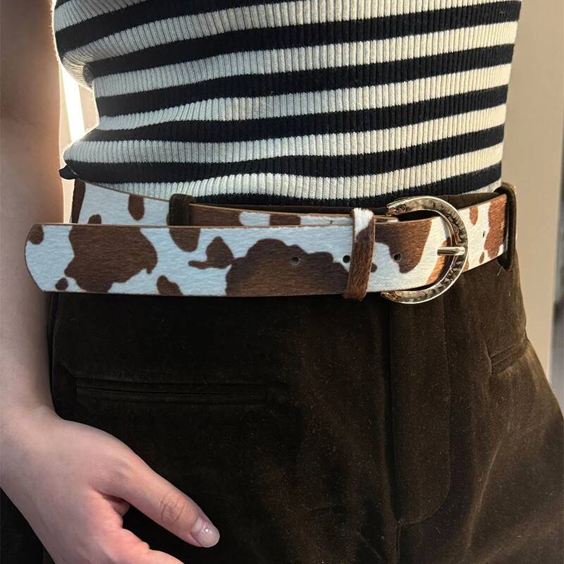 Leopard Print Pu Women'S Belt Hip Hop Y2k Girls Jeans Accessories Girdle Goth Retro Leather Gold Pin Buckle Waistband