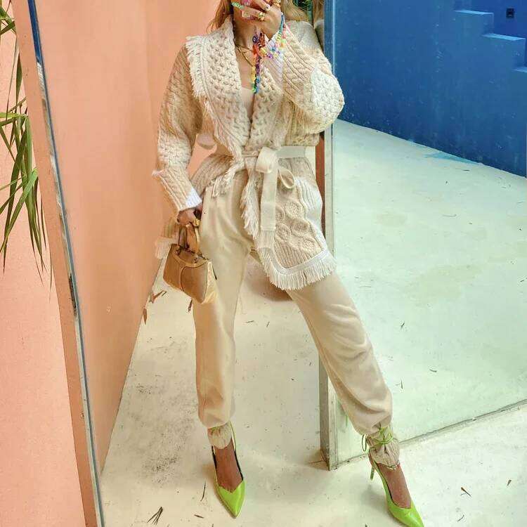 Boho Inspired Autumn Winter Jacket Women Lapel Tassel Jacquard Sleeve Cardigan Bohemian Retro Long Cardigan Tops