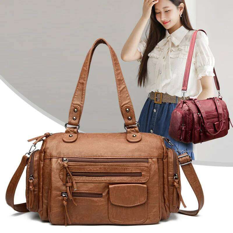 Fashion Multifunction Women's Handbag Vintage Large Capacity Shoulder PU Leather Casual Crossbody Bag