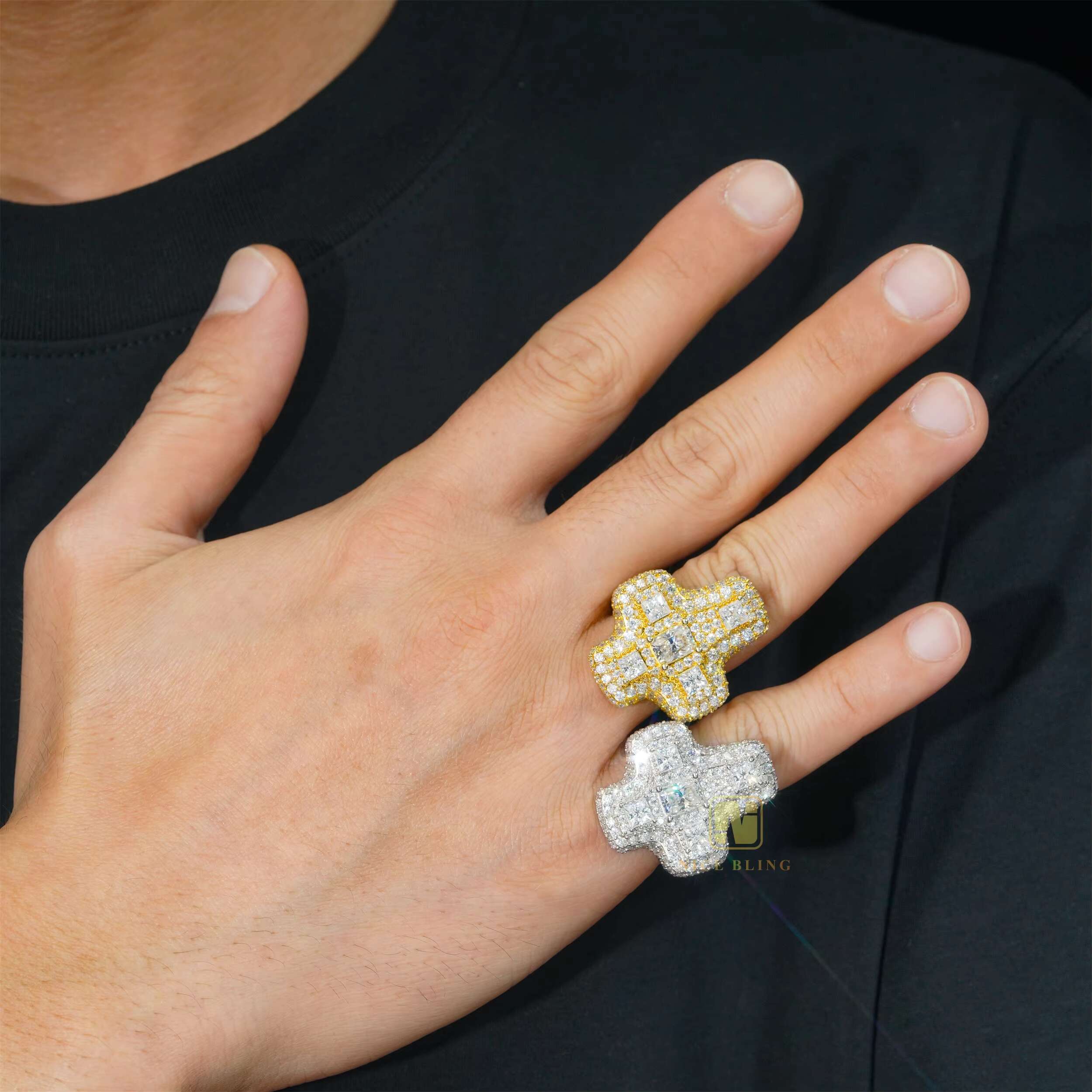 Iced Out Hip Hop Jewelry Fancy Shape Moissanite Cross Rings Men Fashion 925 Silver Moissanite Diamond Cross Rings