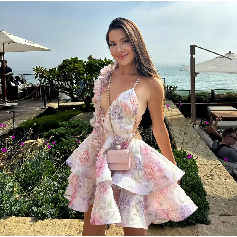 Basic Casual Dresses Summer 3D Flowers Lace Up Halter Dress Woman Printed Layered Backless Deep V-Neck Pleated Puffy Dress Fashion Women Summer Beach 