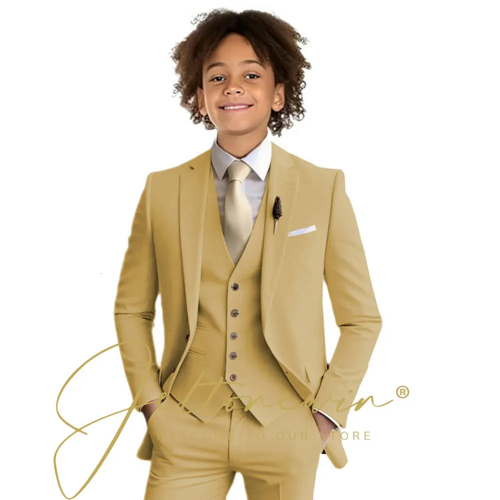 Beige Boys Slim Fit Formal Suit 3 Pieces Set for Wedding Prom Dinner Party Kids Uniform Custom Tuxedos Blazer Vest Pants 250530