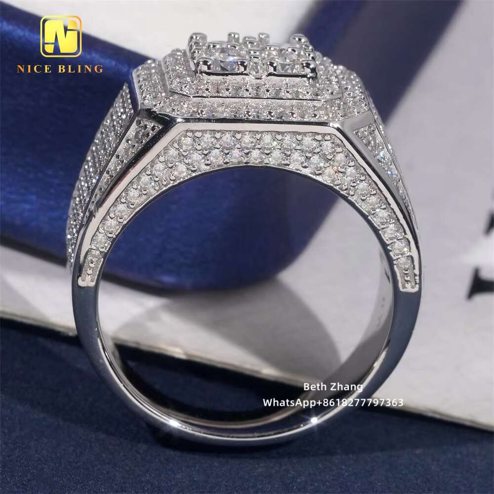 Half Iced Out Jewelry Hip Moissanite Diamond Ring 925 Sterling Silver Square Shape Men Engagement Ring for Wedding Party