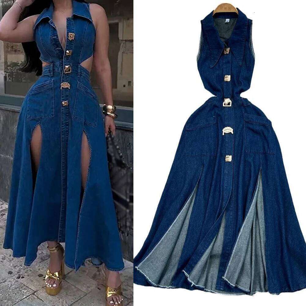 Denim Dress Women Long Dresses High Waist A Line Vestidos Turn Down Collar Sleeveless Elegant Y2k Streetwear Mom Jeans Slim 2025