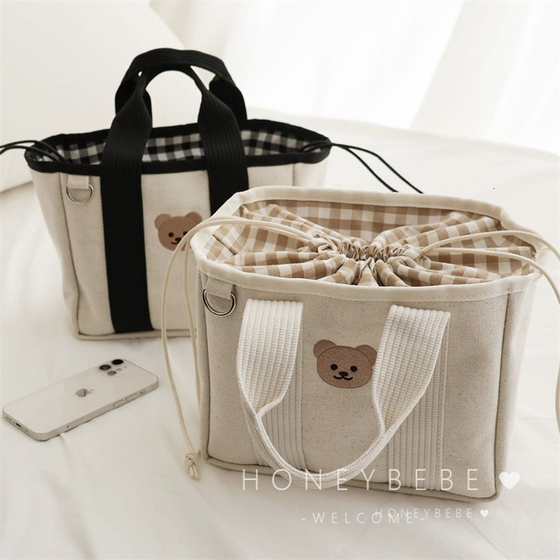 designer Korean INS Mommy Bag Cartoon Bear Mom Bag Canvas Lightweight Multifunctional Handheld Baby Stroller Mom and Baby Bag