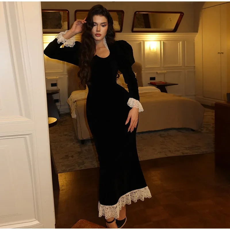 Casual Dresses Spring Vintage Square Collar Puff Sleeve Women Dress Patchwork Slim Pleated Lady Maxi Dresses 2025 Elegant Spring Vintage Female Vestid