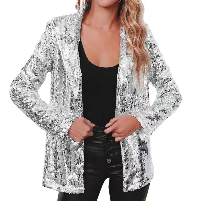 Womens Jacket Sequined Outerwears Casual Long Sleeve Blazers Solid Color Harajuku Coats Dance Female Clothing Spring Summer 250530