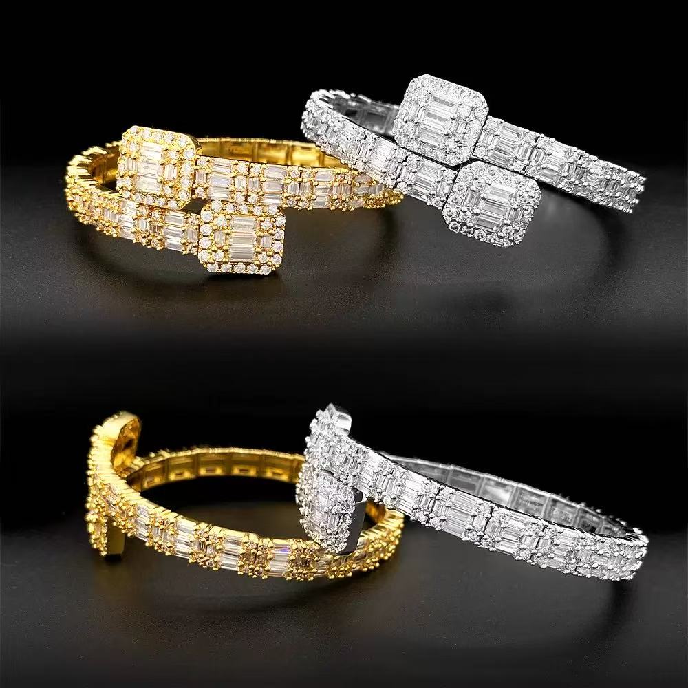 Iced Out Moissanite Bracelet Cuff Sterling Sier Baguette Moissnaite Bracelets