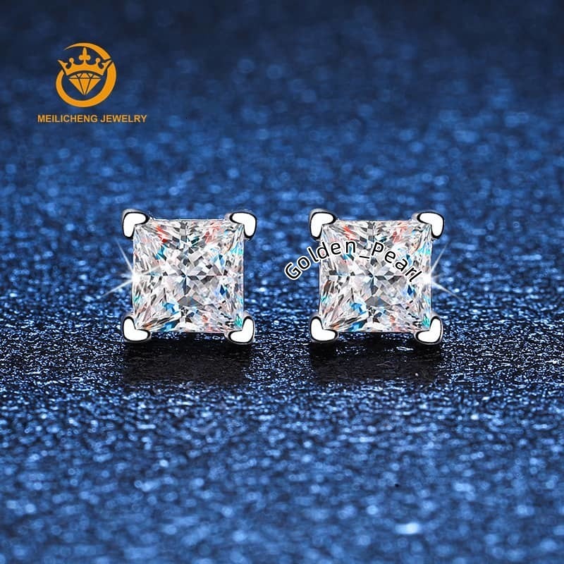 Silver S925 Real Moissanite Stud Earrings 1.6CT Square Diamond Women Men Earrings High Jewelry Original Making
