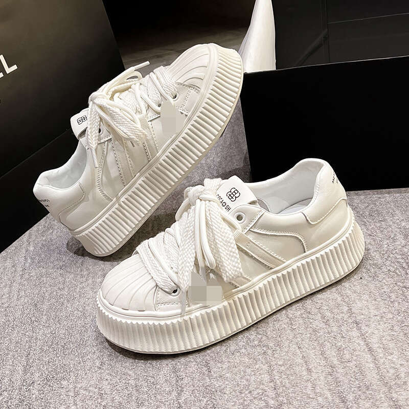 Platform Height Increasing Mesh White Summer Women's Shoes 2024 New Breathable Versatile Genuine Leather Chunky Sneakers
