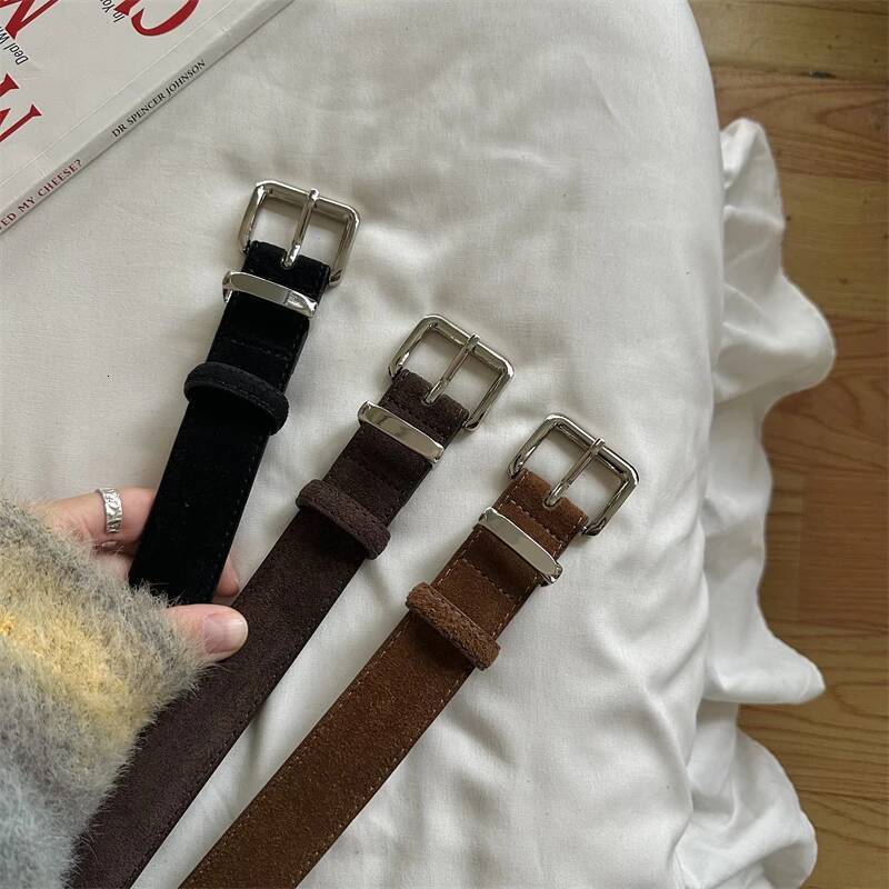 Suede Cowhide Leather Belt Women, Vintage Ladies Belts with Sliver Square Buckle 2.8cm Wide Waistband for Dress&Jeans