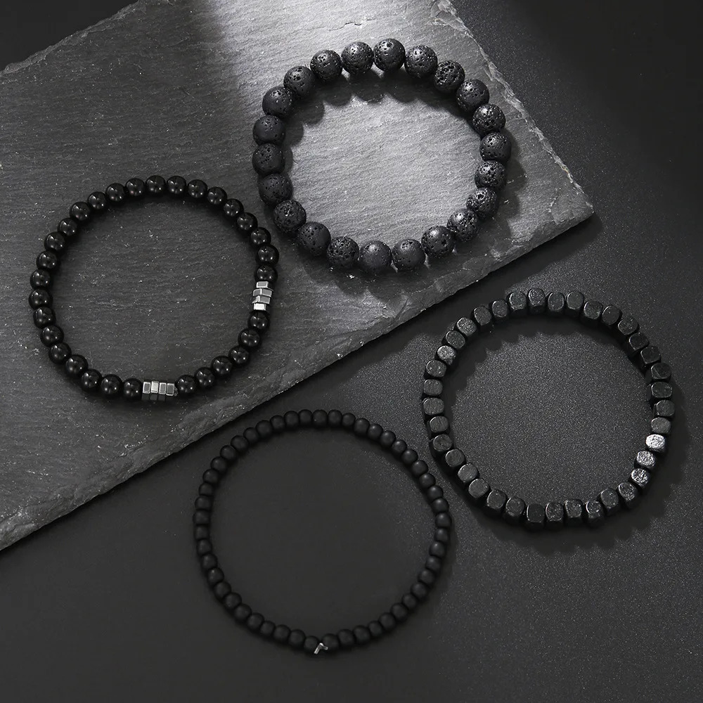4PC Volcano Stone Black Gallstone Beaded Bracelets for Men Trendy Fashion Lava Wood Beads Bracelet Set Combination Hip Hop Gifts 250528
