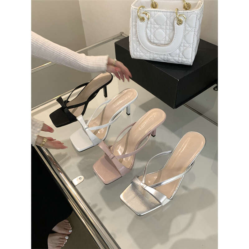 French Style Evening Silver High Heel Sandals 2024 New Stunning Bowknot Stiletto Strap Slippers for Women Summer Outdoor Wear