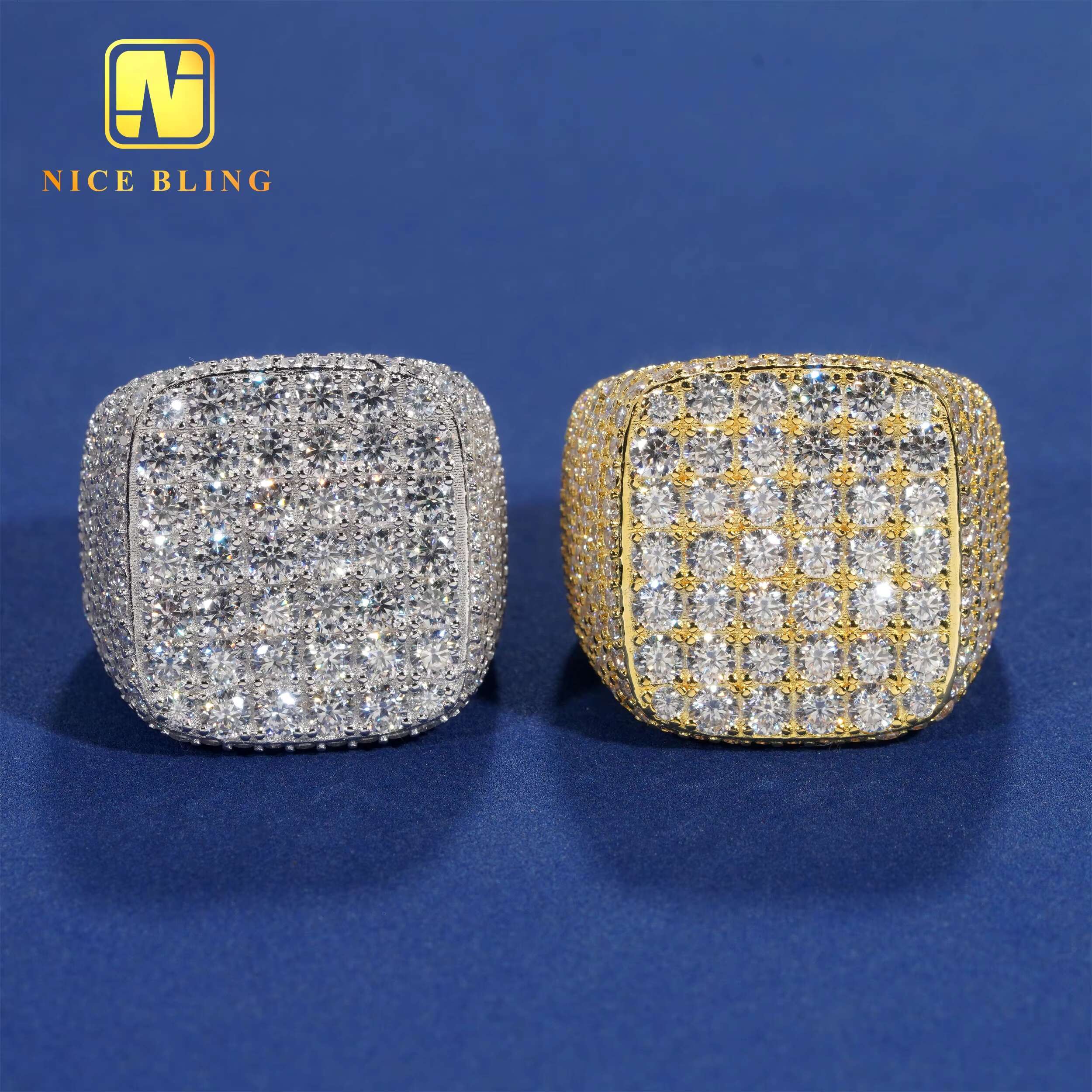 18K Gold Plated Full Iced Out Mens Rings Hip Hop Fashion Jewelry 925 Silver Moissanite square Shape Rings for Engagement