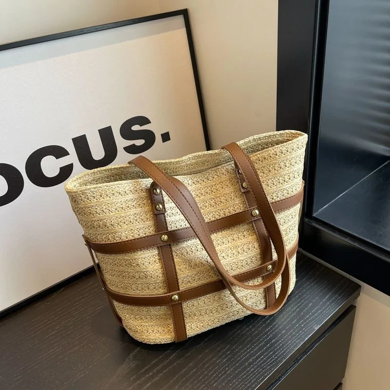 Women Fashionable High-capacity Work Commuting Straw Woven Bag Simple and Casual One Shoulder Tote Bags Hand Woven Handbags 250530