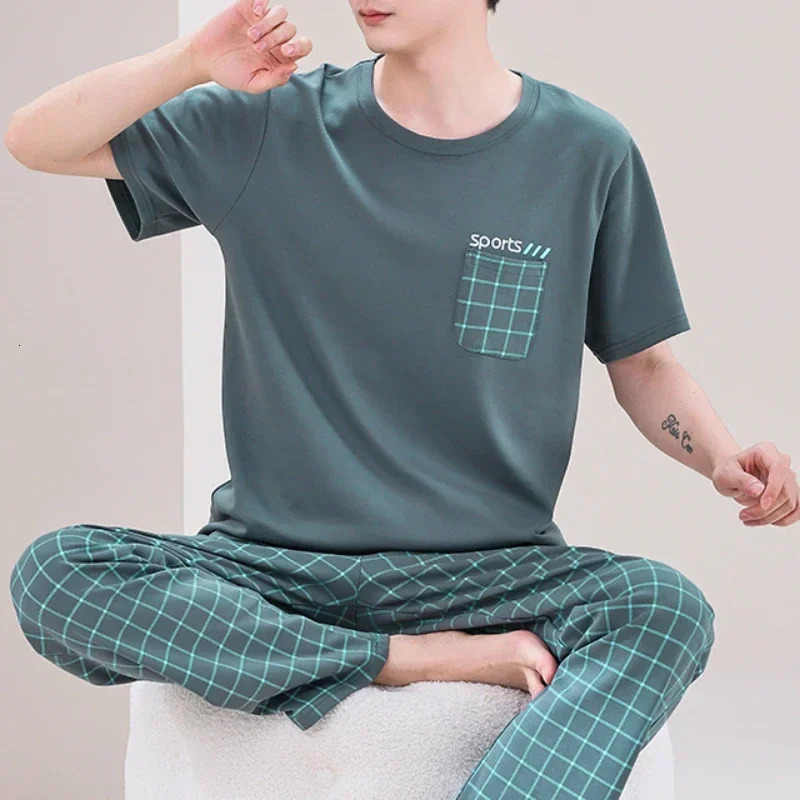 Summer Elegant Men Pyjamas Knited Plaid Pajamas Set Long Pants Sleepwear Night Suits Pijamas Plus Size 5XL Homewear PJ 250526
