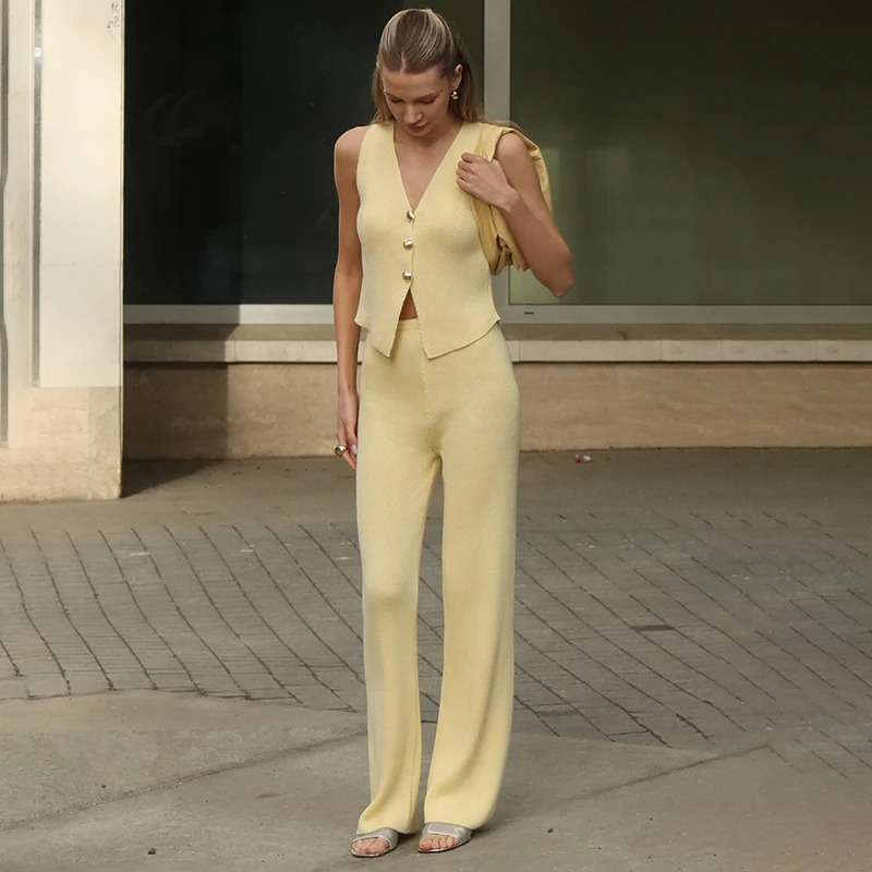 Tuularose V Neck Knitting Pants Set For Women Metal Buttons Sleeveless Top Straight Wide-Leg Pants Set Lady Beach Slim Pants Set 250527