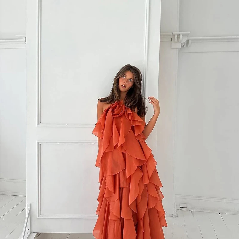 Women Casual Dresses Sexy Ruffles Long Dress Women Flower Backless Sleeveless Solid Party Beach Dresses Female 2025 Summer Lady Multi Layers Robes
