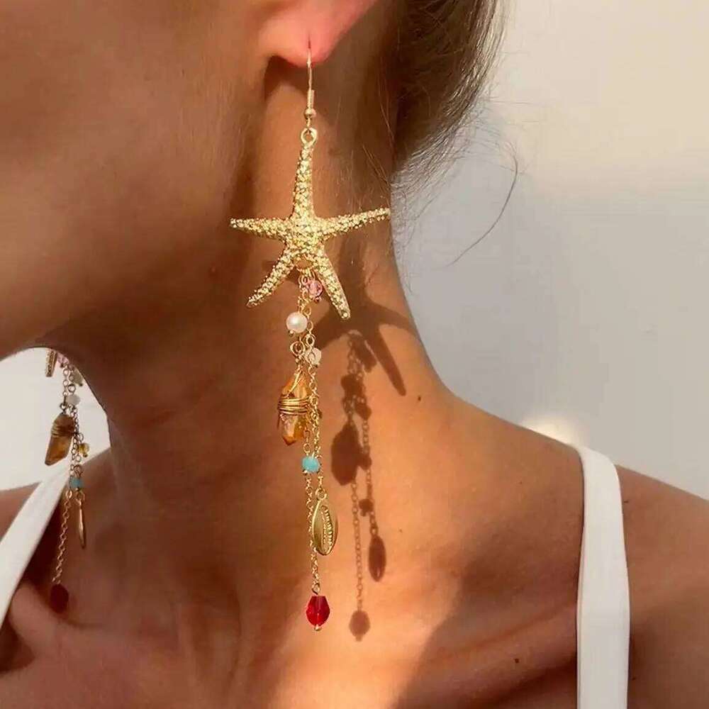 Ingemark Boho Starfish Jellyfish Imitation Pearls Crystal Long Tassels Women Trendy Piercing Drop Earrings Y2k Jewelry